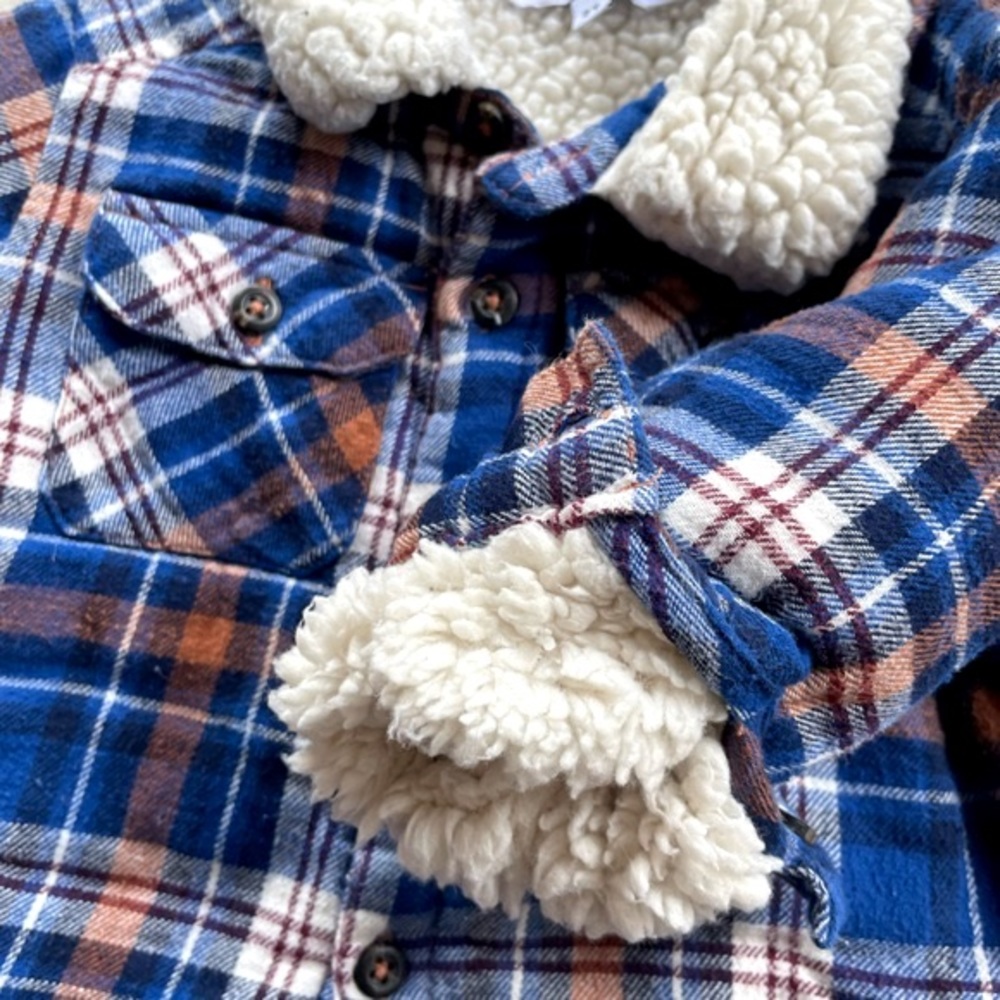 3/$25💥Sherpa-Lined Flannel Jacket Shacket, Super Soft & Thick, Blue White Plaid